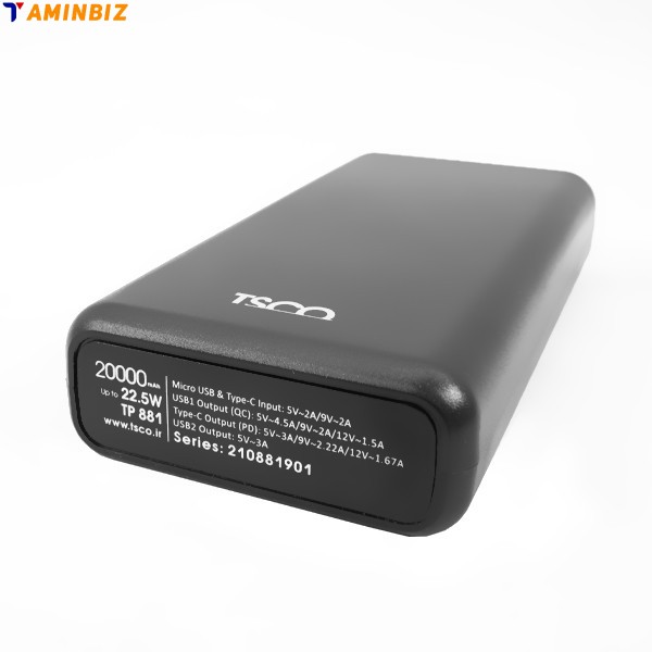 پاوربانک 22.5 وات تسکو مدل TP881 ظرفیت 20000 میلی آمپر ساعت